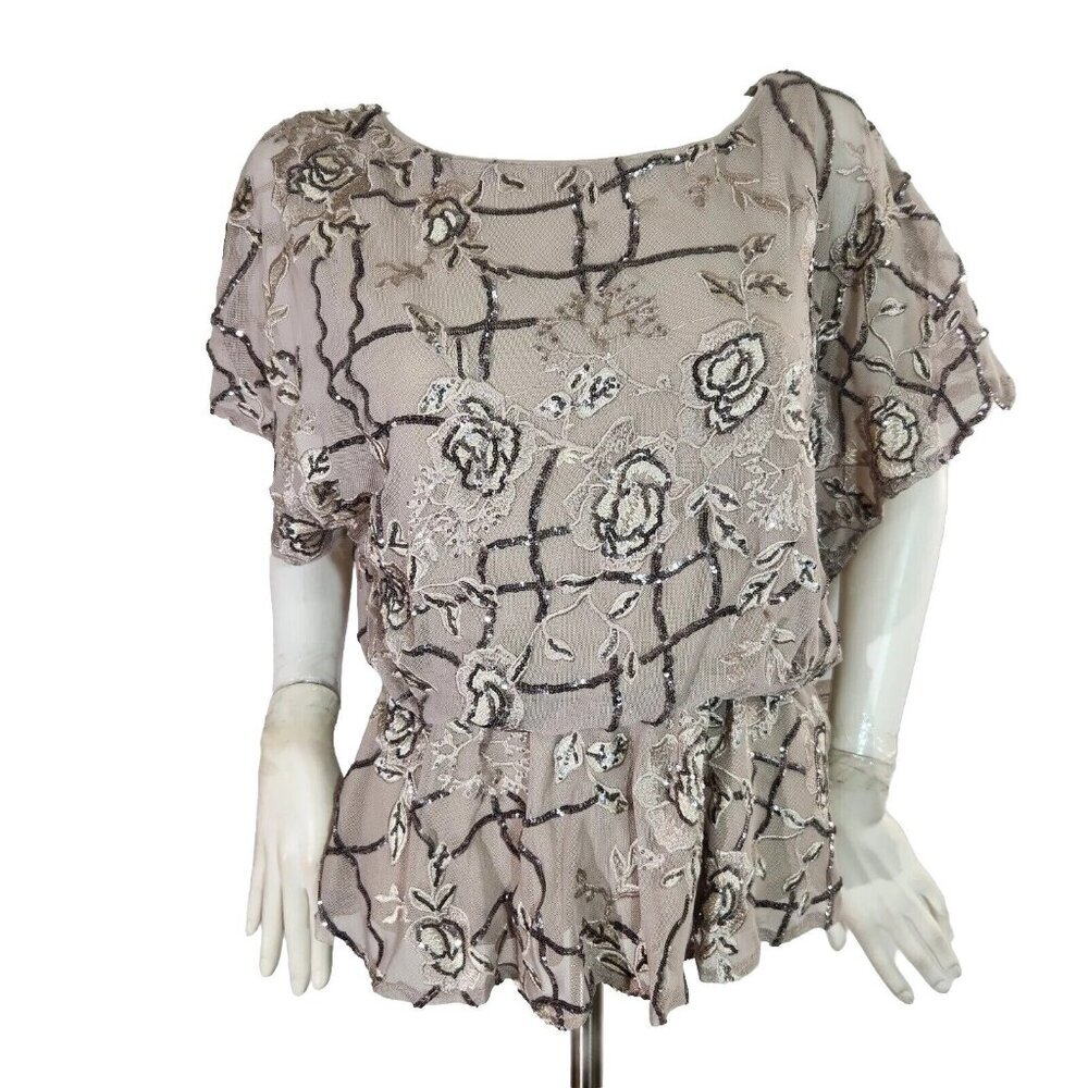 Alex Evenings Women's Sequined Embroidered Short Sleeve Taupe Blouse Size S (11)